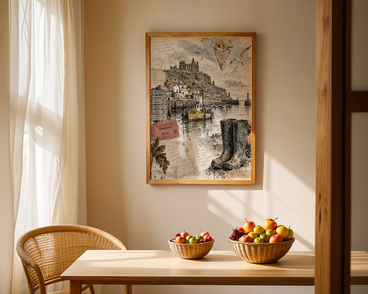 Lifestyle Posters A4 - Full composition showing Whitby clifftop abbey and harbour in soft watercolours