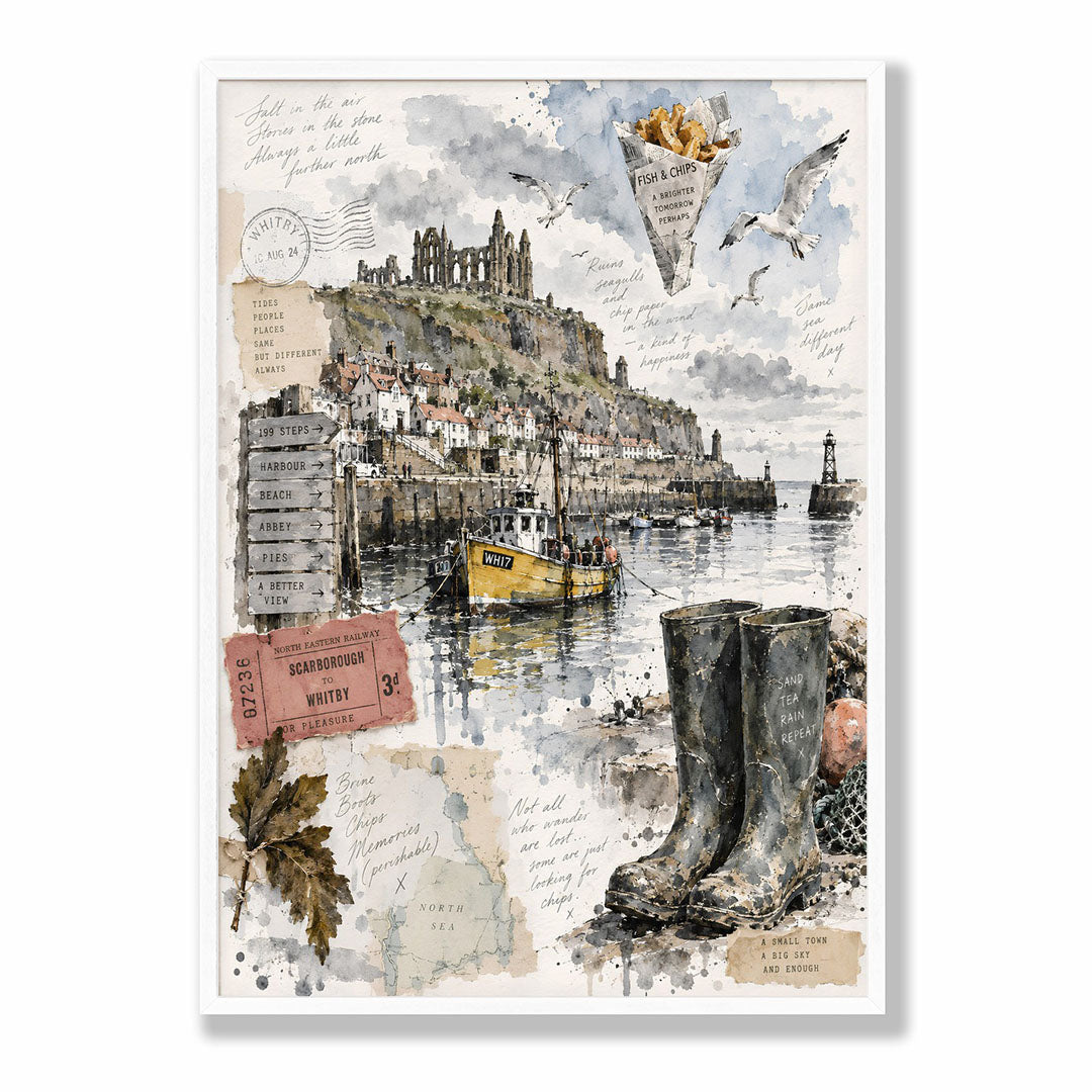 Lifestyle Posters A4 - Whitby seaside art print featuring Wellington boots and vintage ticket details