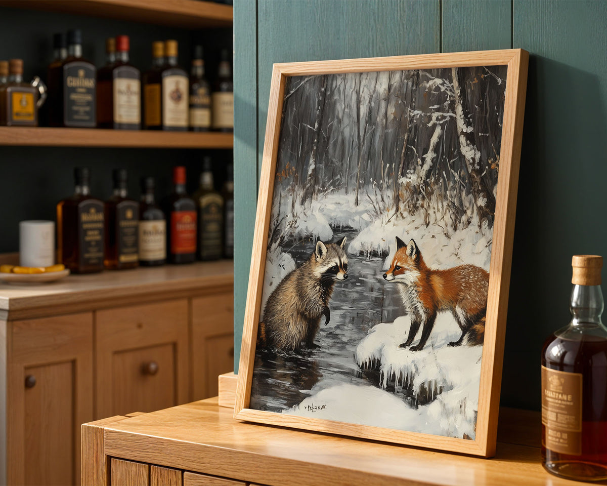 Lifestyle Posters - A4 print of a fox and raccoon by an icy winter stream surrounded by snow-covered trees