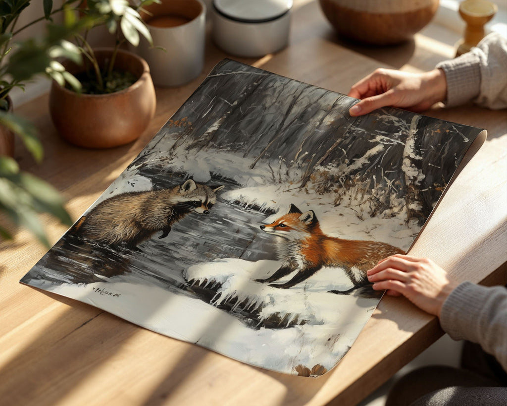 Lifestyle Posters - A4 print of woodland scene with two animals meeting at frozen water in winter