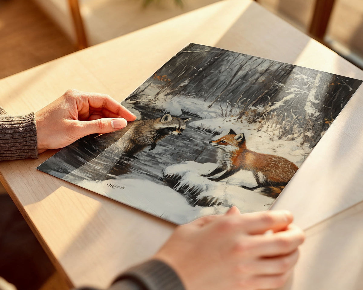 Lifestyle Posters - A4 print of winter wildlife with fox and raccoon in snowy forest setting