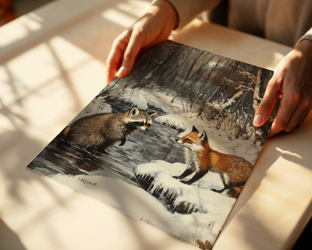 Lifestyle Posters - A4 print of animals by icy stream with frost-covered branches overhead