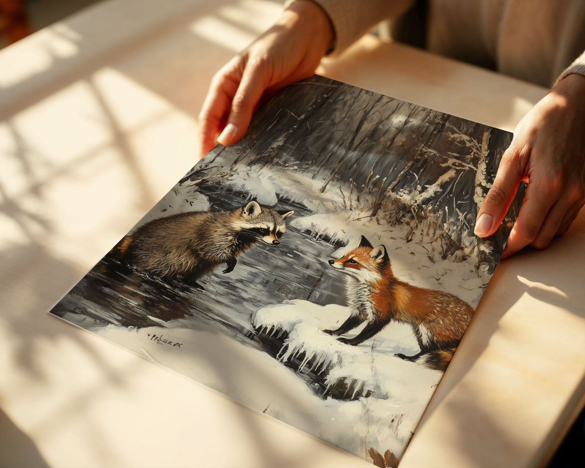 Lifestyle Posters - A4 print of animals by icy stream with frost-covered branches overhead