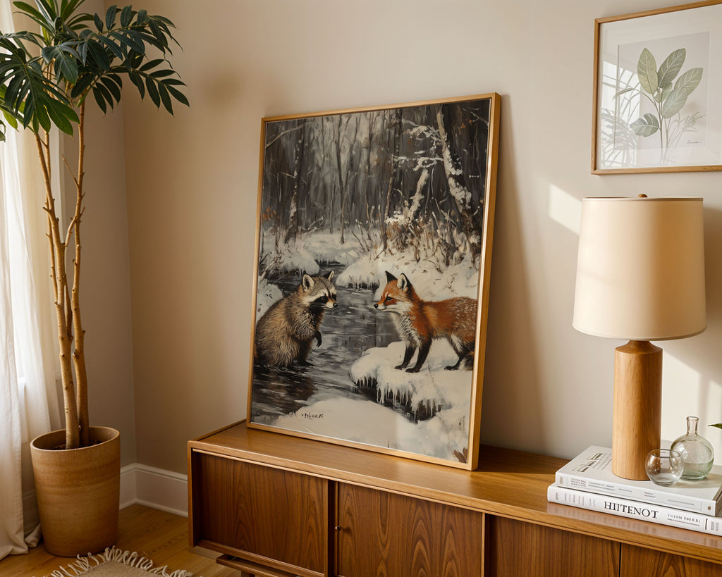 Lifestyle Posters - A4 print of woodland artwork featuring warm-toned fox and grey-brown raccoon