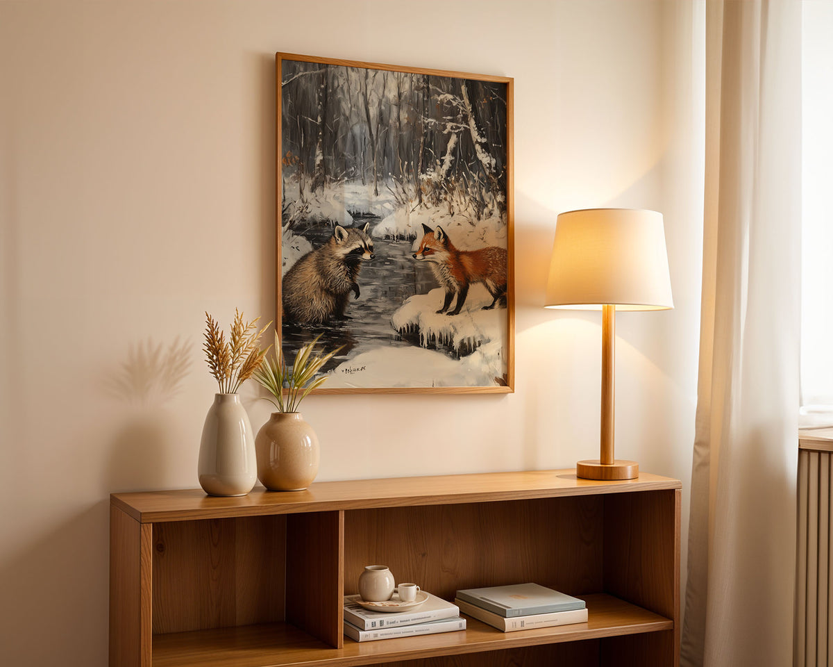 Lifestyle Posters - A4 print of winter forest painting with wildlife at frozen stream
