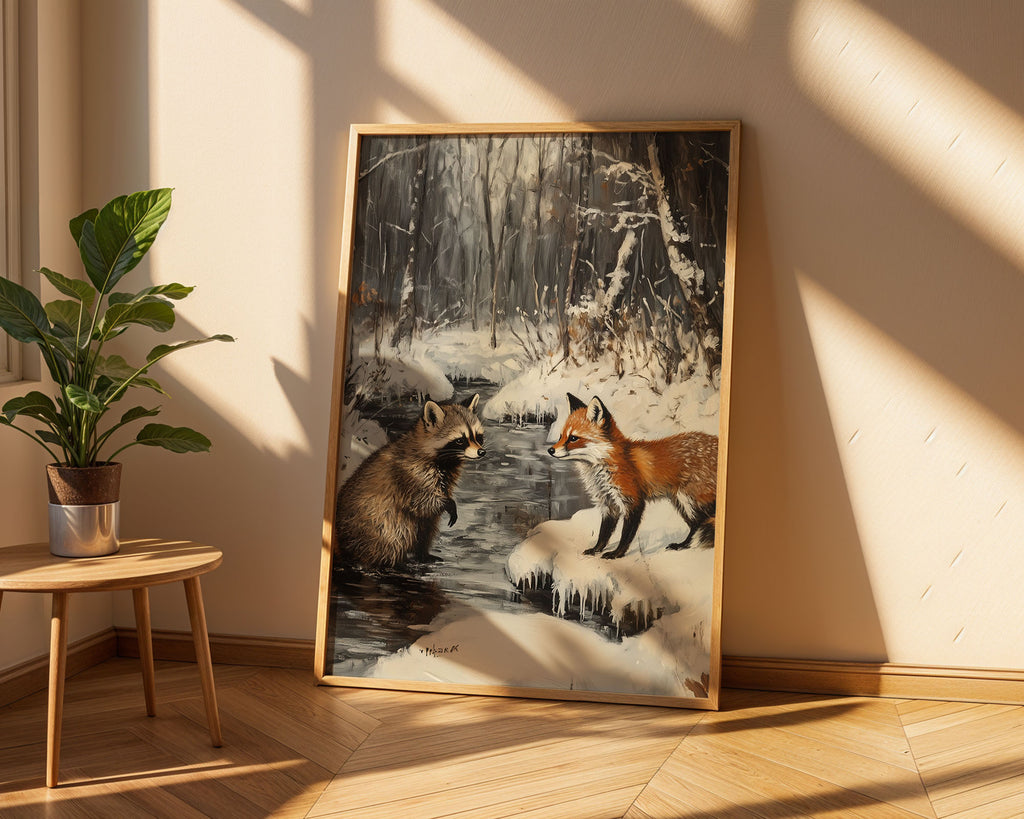 Lifestyle Posters - A4 print of nature scene with fox and raccoon in snowy woodland