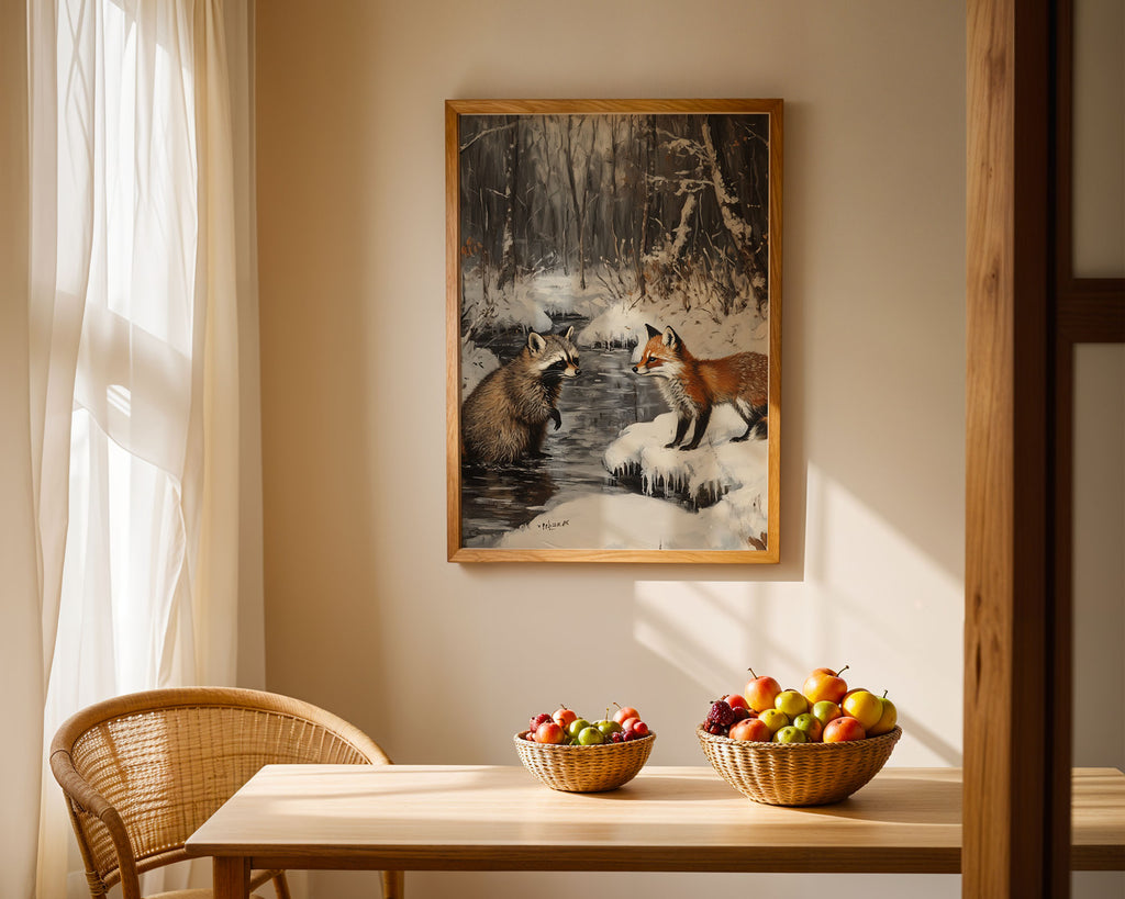 Lifestyle Posters - A4 print of wildlife gathering by icy water in moody winter landscape