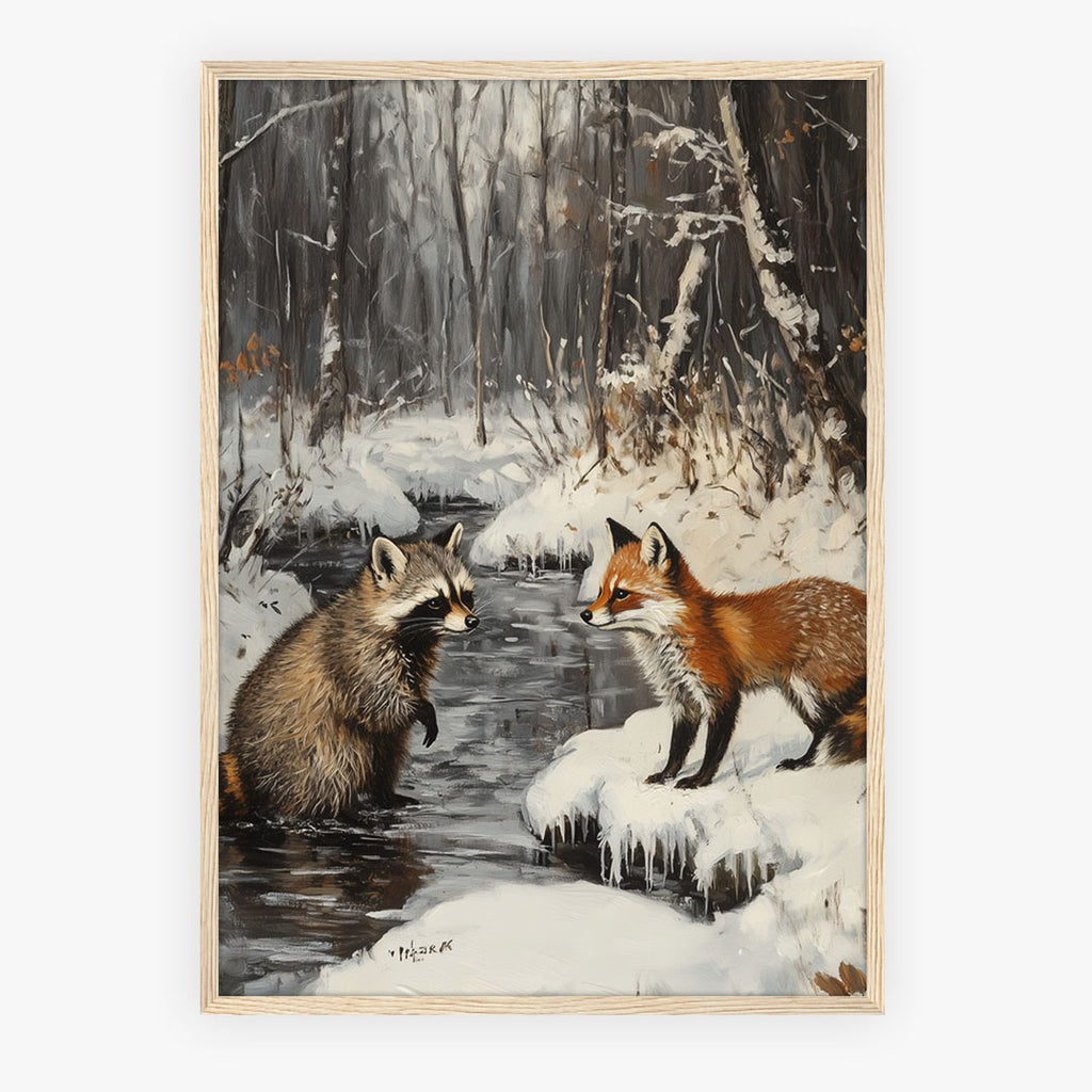 Lifestyle Posters - A4 print of forest animals at stream with icicles and snow-laden trees