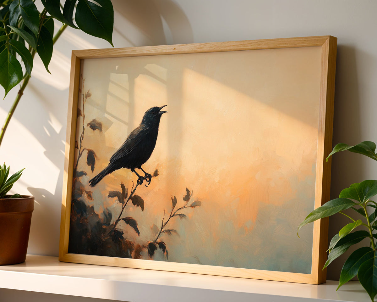 A4 Poster Landscape - Black bird silhouette perched on branch against golden and amber sky