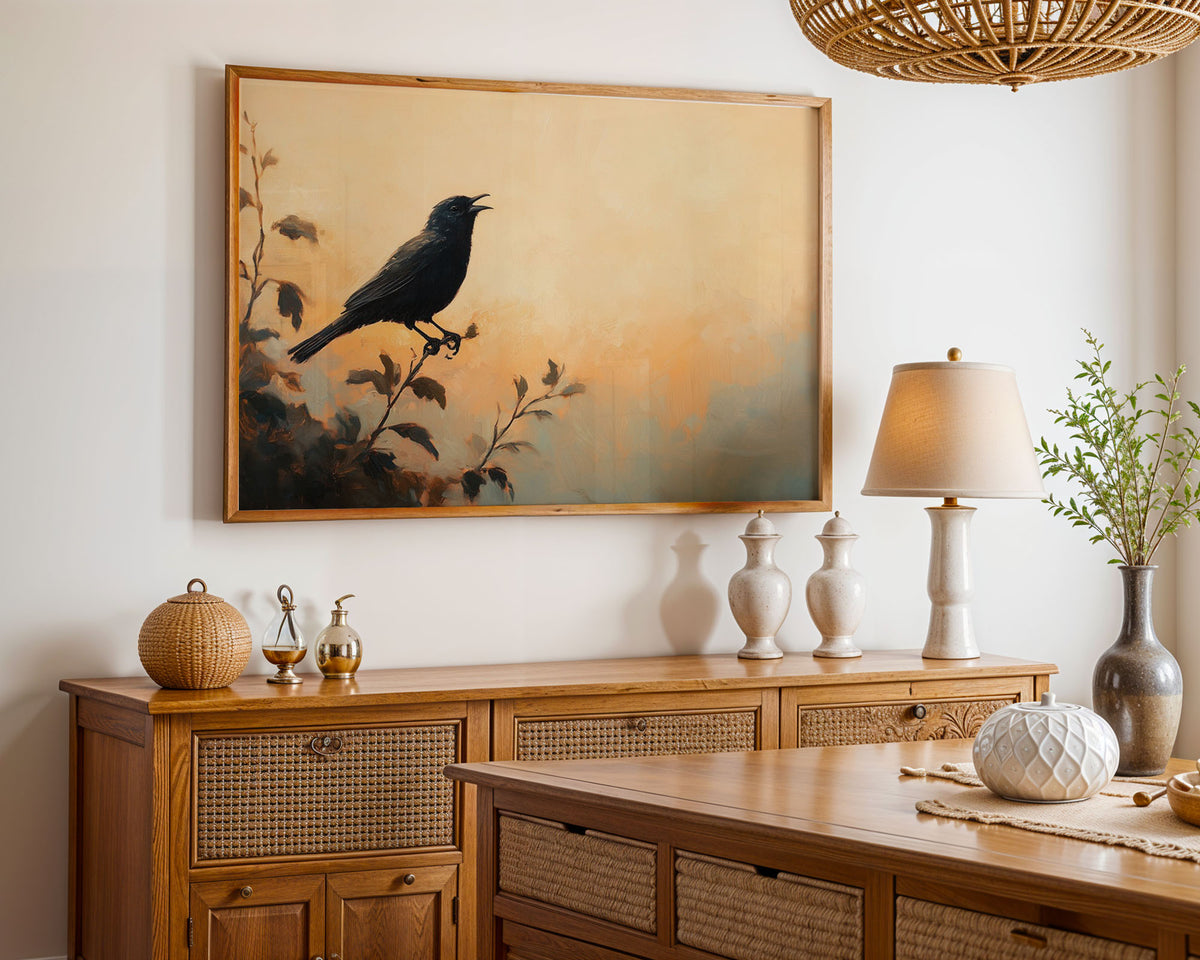 A4 Poster Landscape - Solitary dark bird on delicate branch with soft autumn tones
