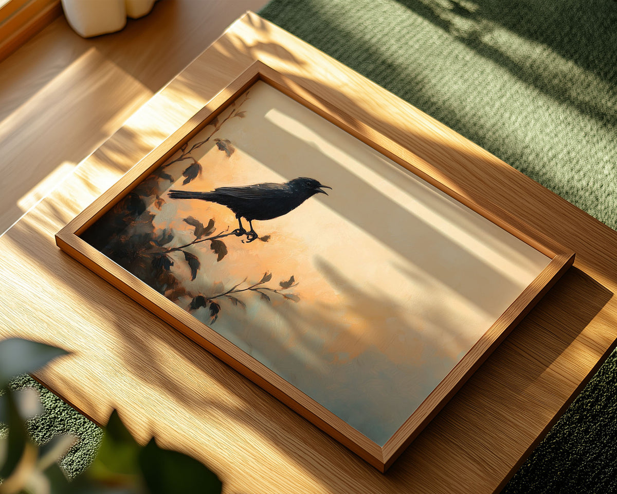 A4 Poster Landscape - Wildlife art featuring black bird on leafy branch and warm sky