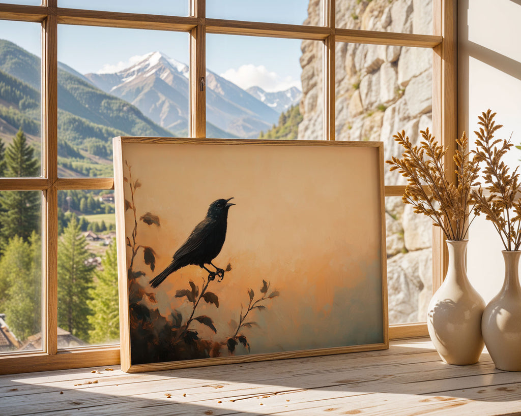 A4 Poster Landscape - Bird perched on botanical branch against muted golden background