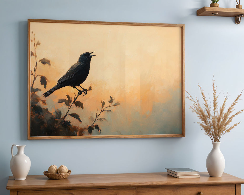 A4 Poster Landscape - Black bird artwork with branch foliage in warm golden hues