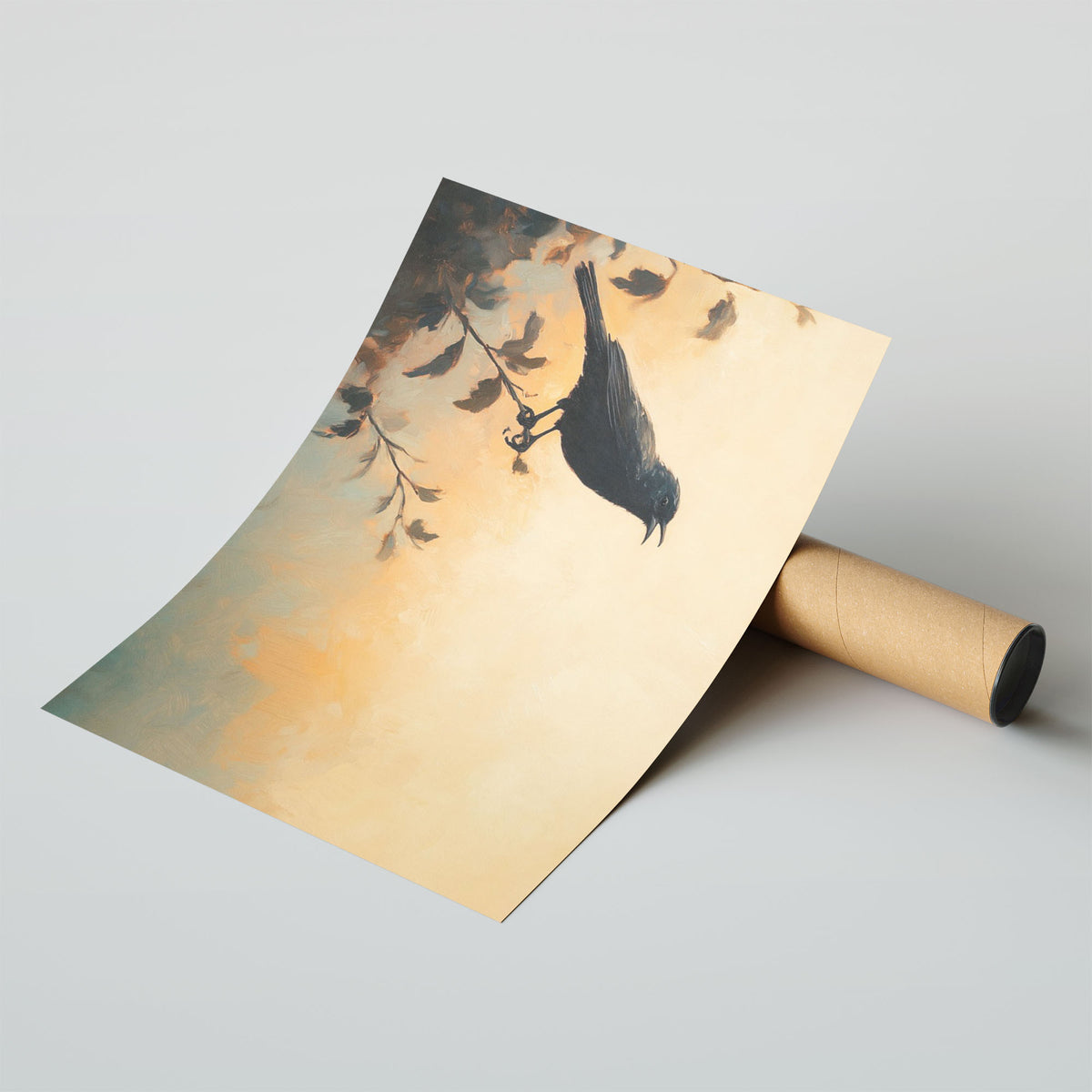 A4 Poster Landscape - Calming wildlife art of bird on branch against peaceful sky