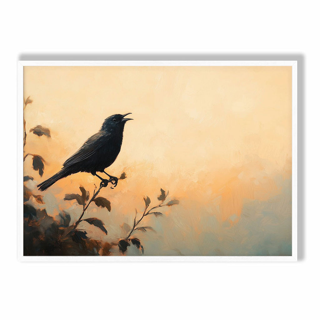 A4 Poster Landscape - Elegant black bird on branch with warm beige and orange backdrop