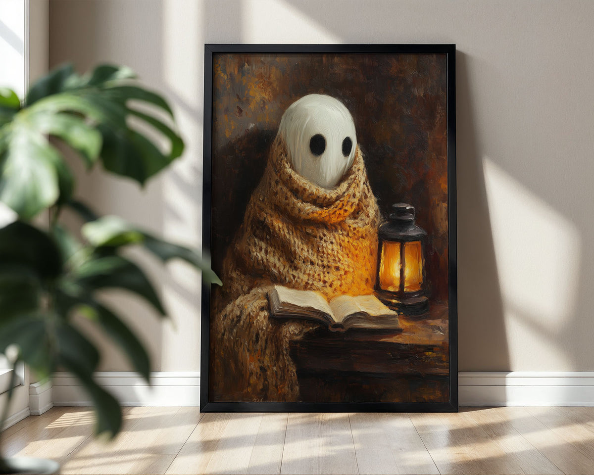 Lifestyle Frames Living Room - Ghost character wrapped in knitted blanket reading by warm lantern light