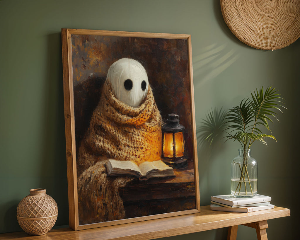 Lifestyle Frames Living Room - Illustrated ghost with white face studying open book beside glowing lantern