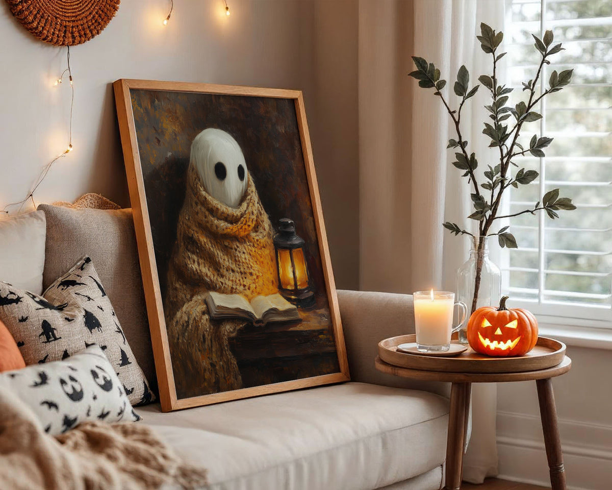 Lifestyle Frames Living Room - Whimsical ghost-like character reading book surrounded by warm brown and orange tones