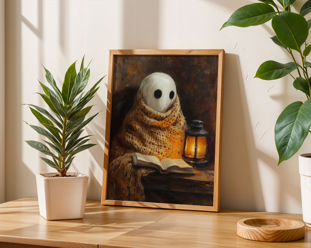 Lifestyle Frames Living Room - Artistic painting of mysterious figure reading with lantern in autumn colour palette