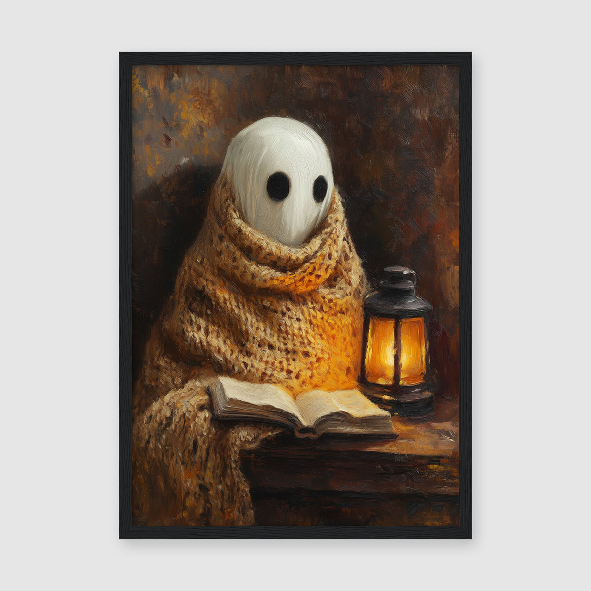Lifestyle Frames Living Room - Ghost wrapped in patterned blanket absorbed in reading by lantern light
