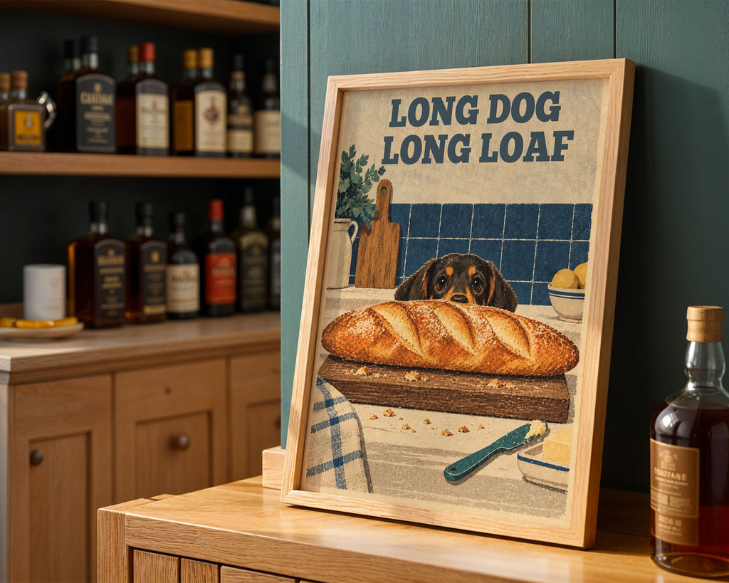 A4 Poster - Vintage kitchen scene with hopeful dachshund and golden loaf