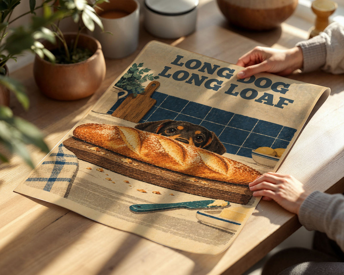 A3 Poster - Dachshund longdog eyeing bread in retro kitchen setting
