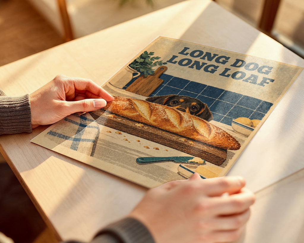 A2 Poster - Long dog long loaf vintage print in navy and cream tones
