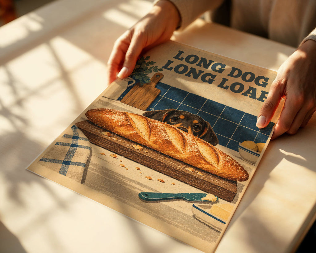 A5 Poster - Charming dachshund kitchen art with rustic details and bread
