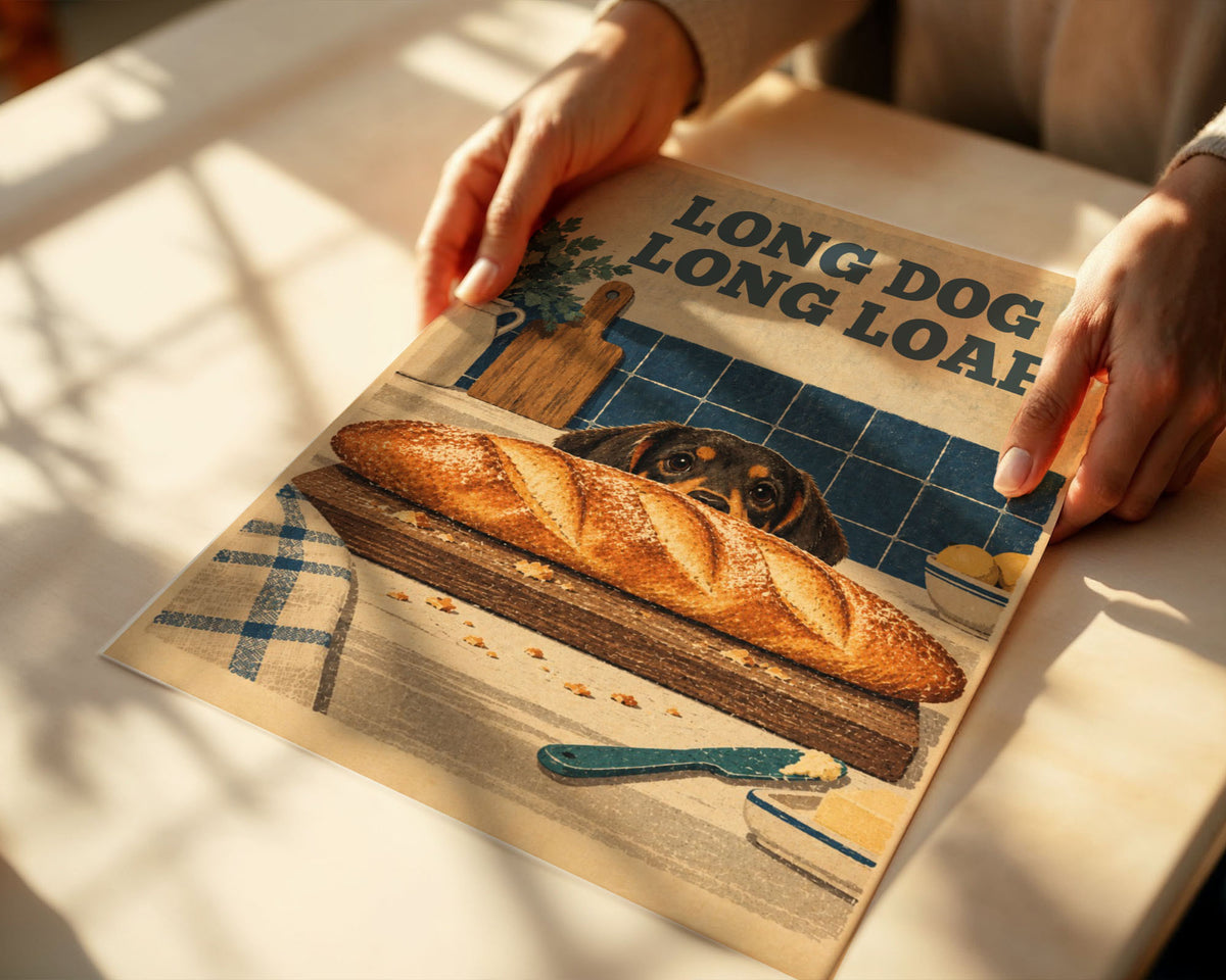 A5 Poster - Charming dachshund kitchen art with rustic details and bread