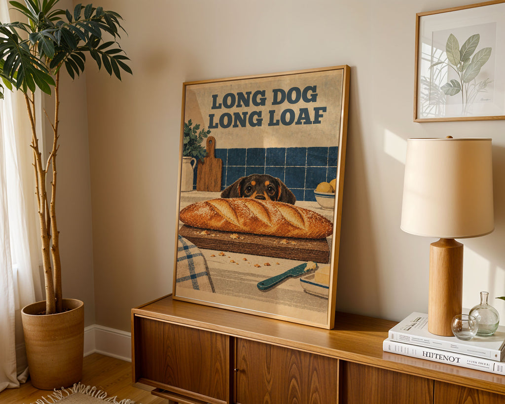A4 Lifestyle - Kitchen poster framed showing dog and loaf artwork