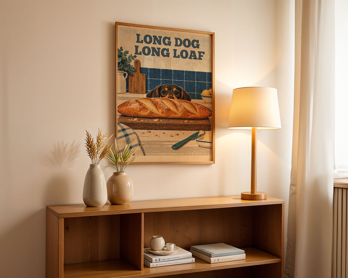 A3 Lifestyle - Vintage dog print displayed in modern kitchen setting