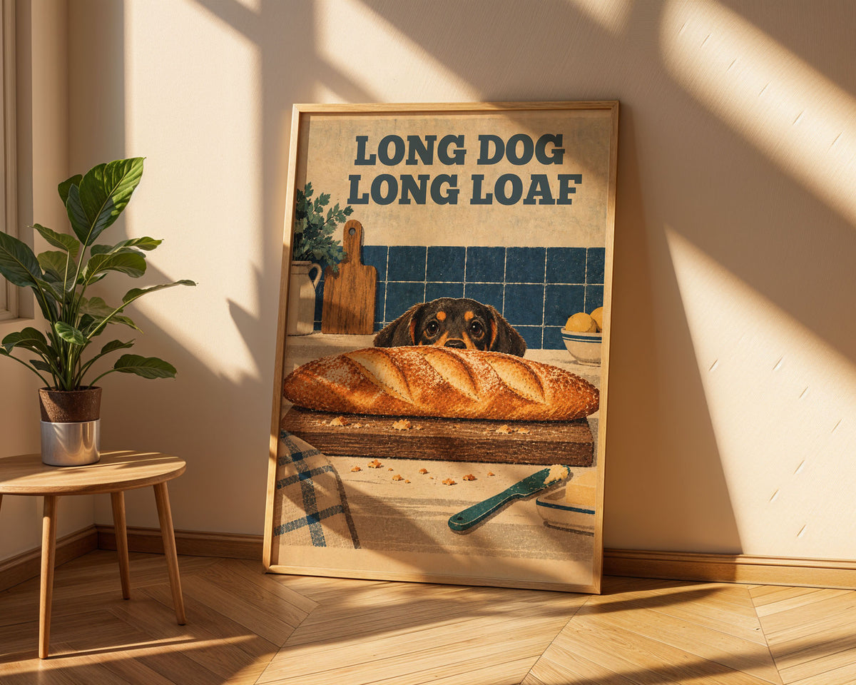 A2 Lifestyle - Large retro dachshund poster on kitchen wall above table