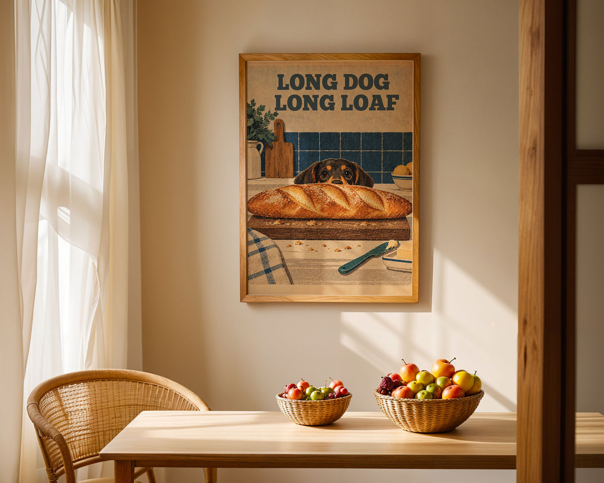 A5 Lifestyle - Small quirky dog art print on kitchen shelf display