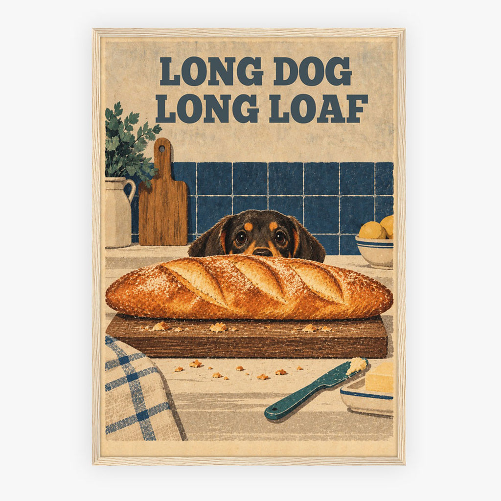 A4 Lifestyle - Framed dachshund kitchen print beside green plants