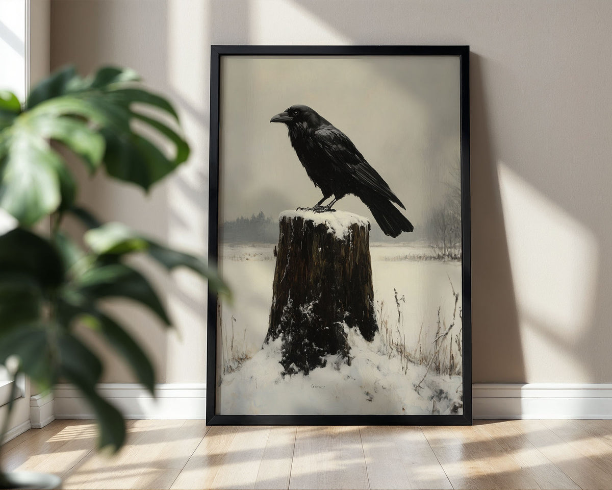 A4 framed print of a black crow perched on a snow-covered wooden post in a winter landscape