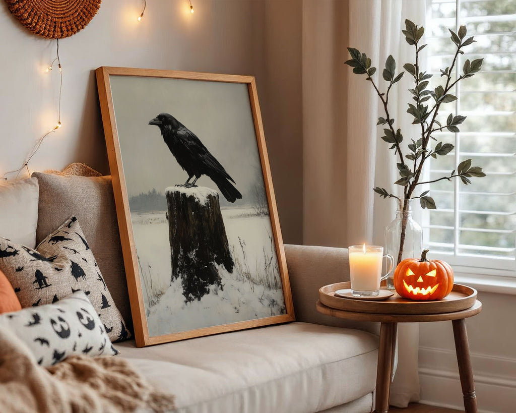 Unframed A4 poster of a perched crow against a pale winter forest backdrop