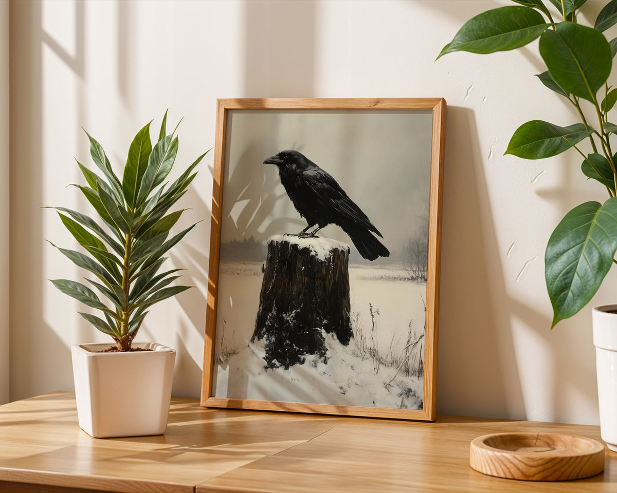 Close-up detail of the crow artwork highlighting its dark plumage and alert expression