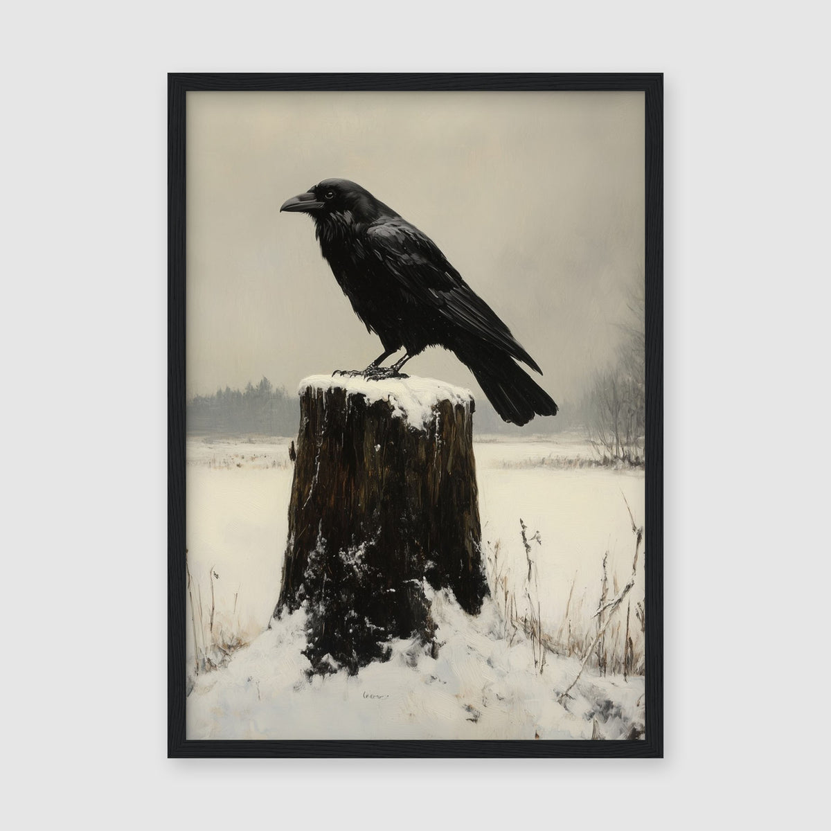 Framed winter bird print on a living room wall with modern interior styling