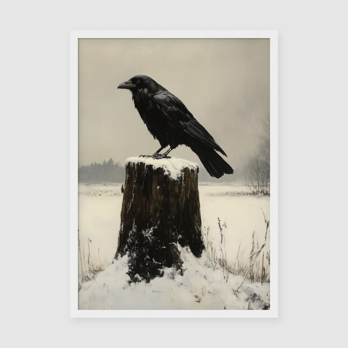 Standalone view of the snow scene print with crow and bare trees in background