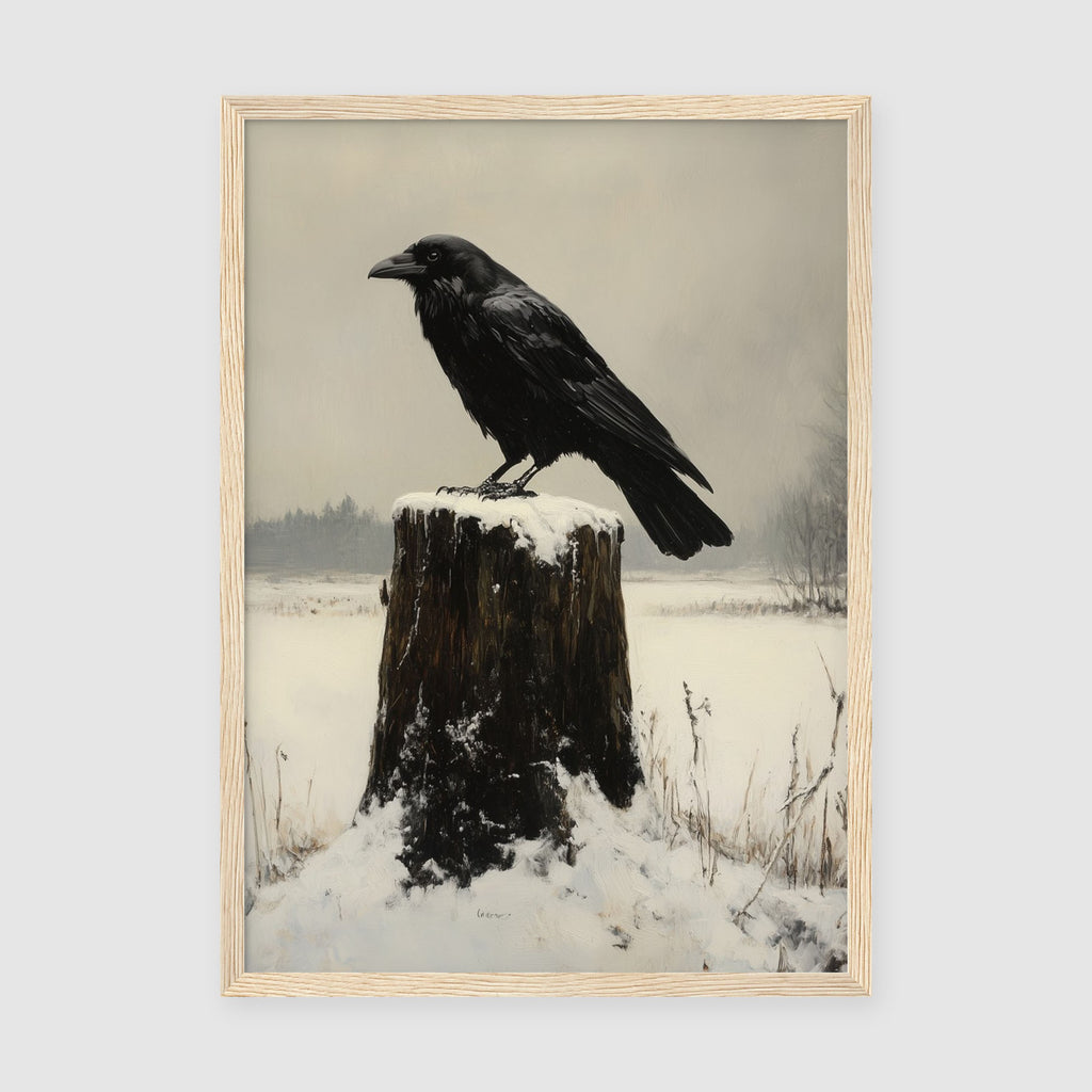 A-size poster featuring a solitary black bird on wooden post in frosty landscape