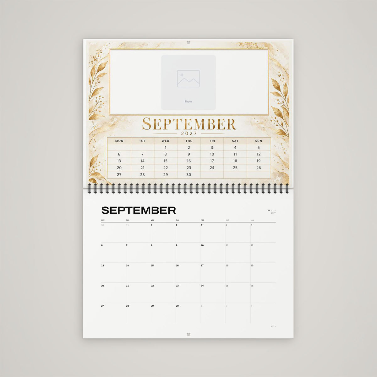 A4 Calendar Design - August spread with layout for personalised photo placement