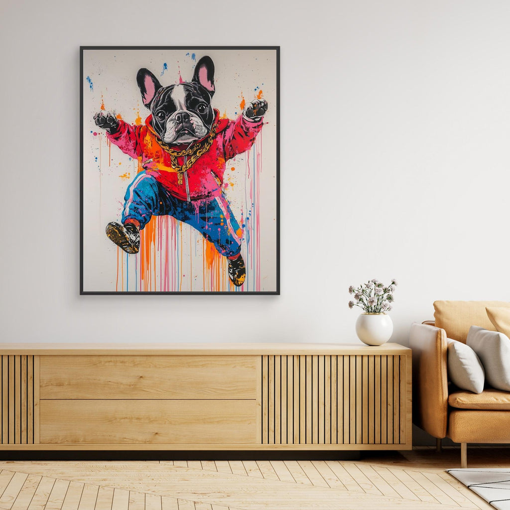 Frenchie Hip Hop Art - Canvas Wall Decor | Urban Dog Print - Framed Pop Art