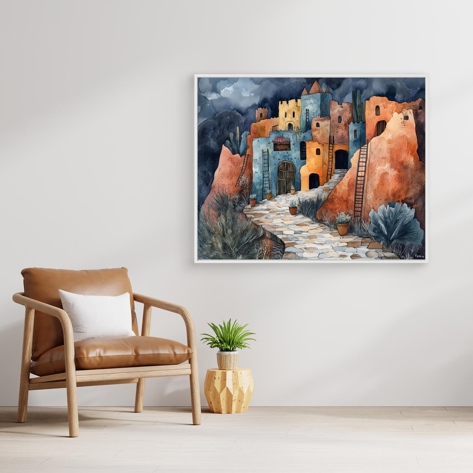 Desert Village Watercolour Canvas Print for Hallway Decor - Framed Pop Art