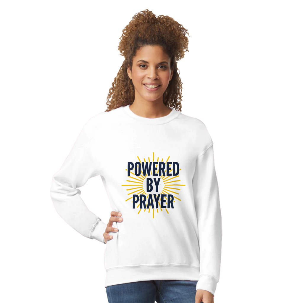 Powered by Prayer White Sweatshirt | Gildan® 18000 - Framed Pop Art
