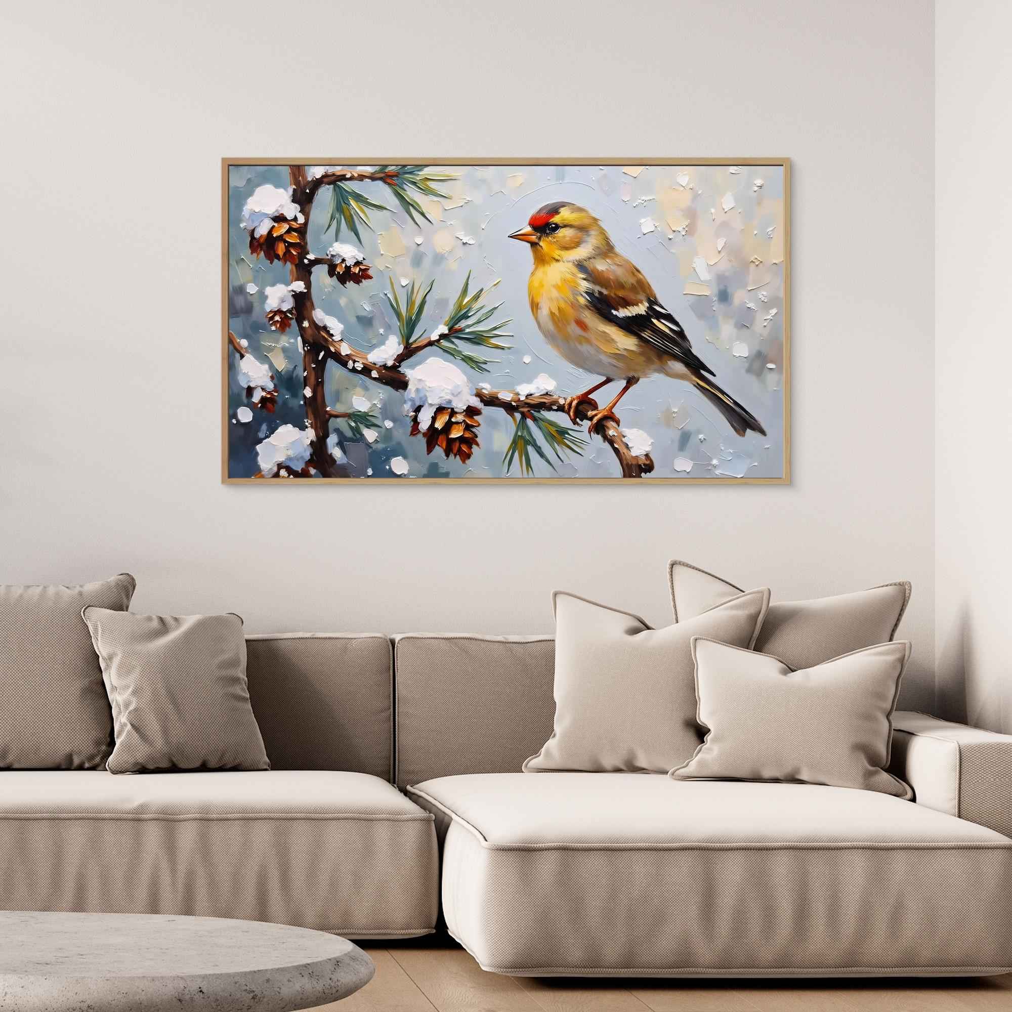 Winter Goldfinch Bird Canvas Wall Art - Framed Pop Art