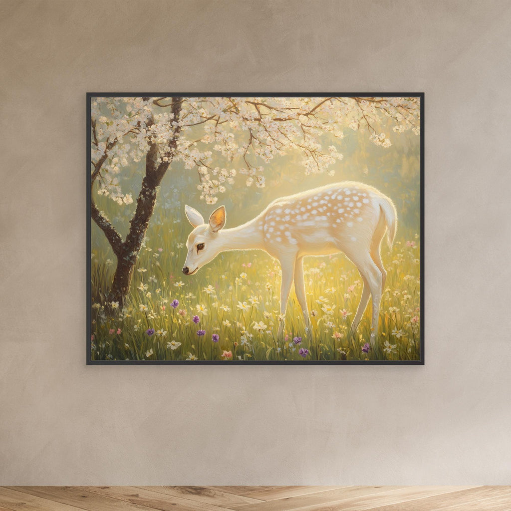 Enchanted White Fawn & Cherry Blossom Canvas Wall Art - Framed Pop Art
