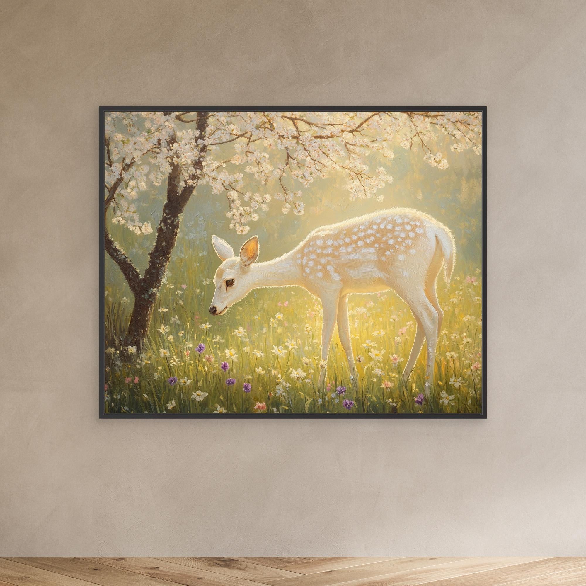 Enchanted White Fawn & Cherry Blossom Canvas Wall Art - Framed Pop Art