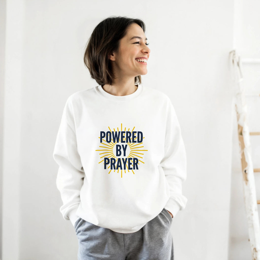 Powered by Prayer White Sweatshirt | Gildan® 18000 - Framed Pop Art