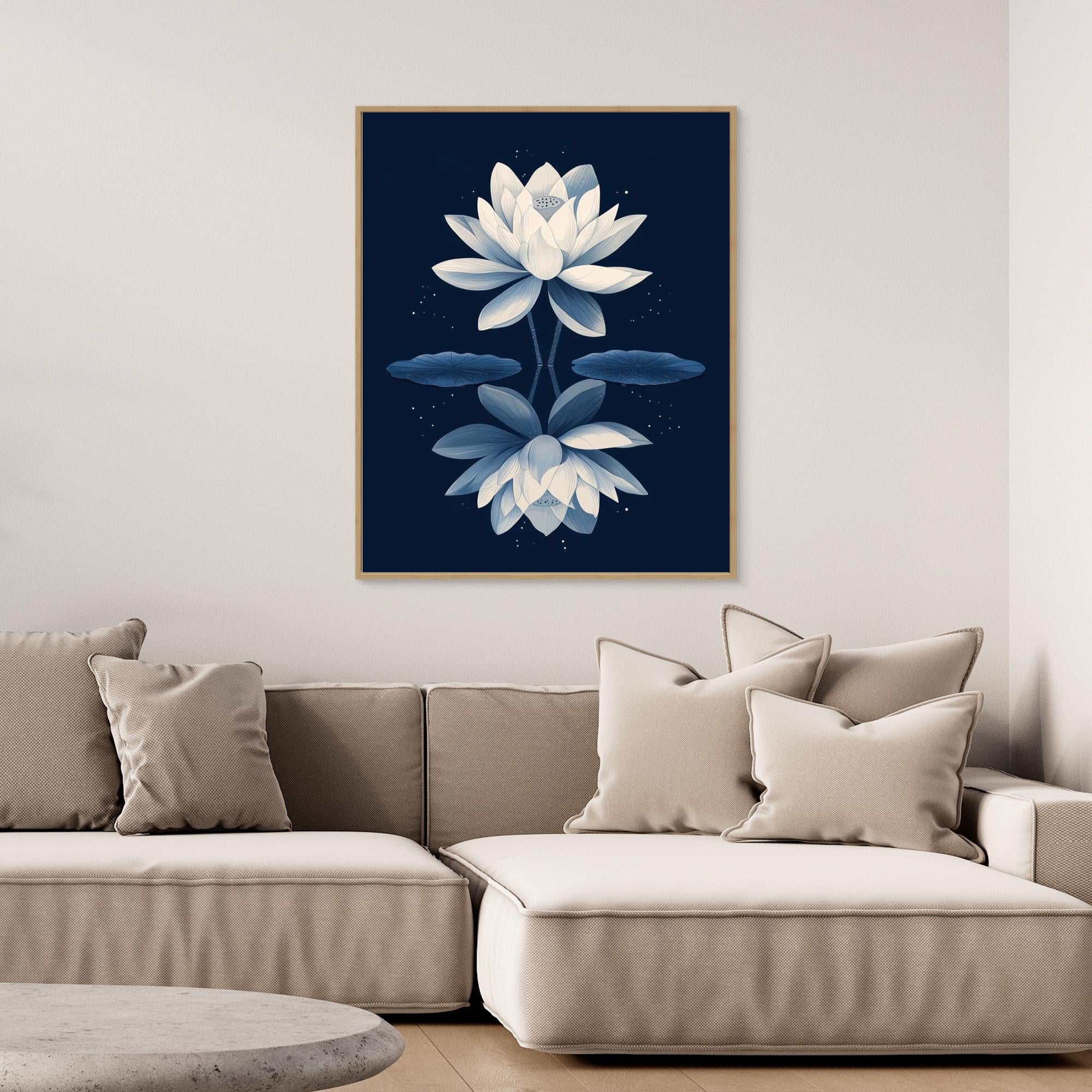 Navy Blue Lotus Flower Mirror Art Print | Zen Wall Decor - Framed Pop Art