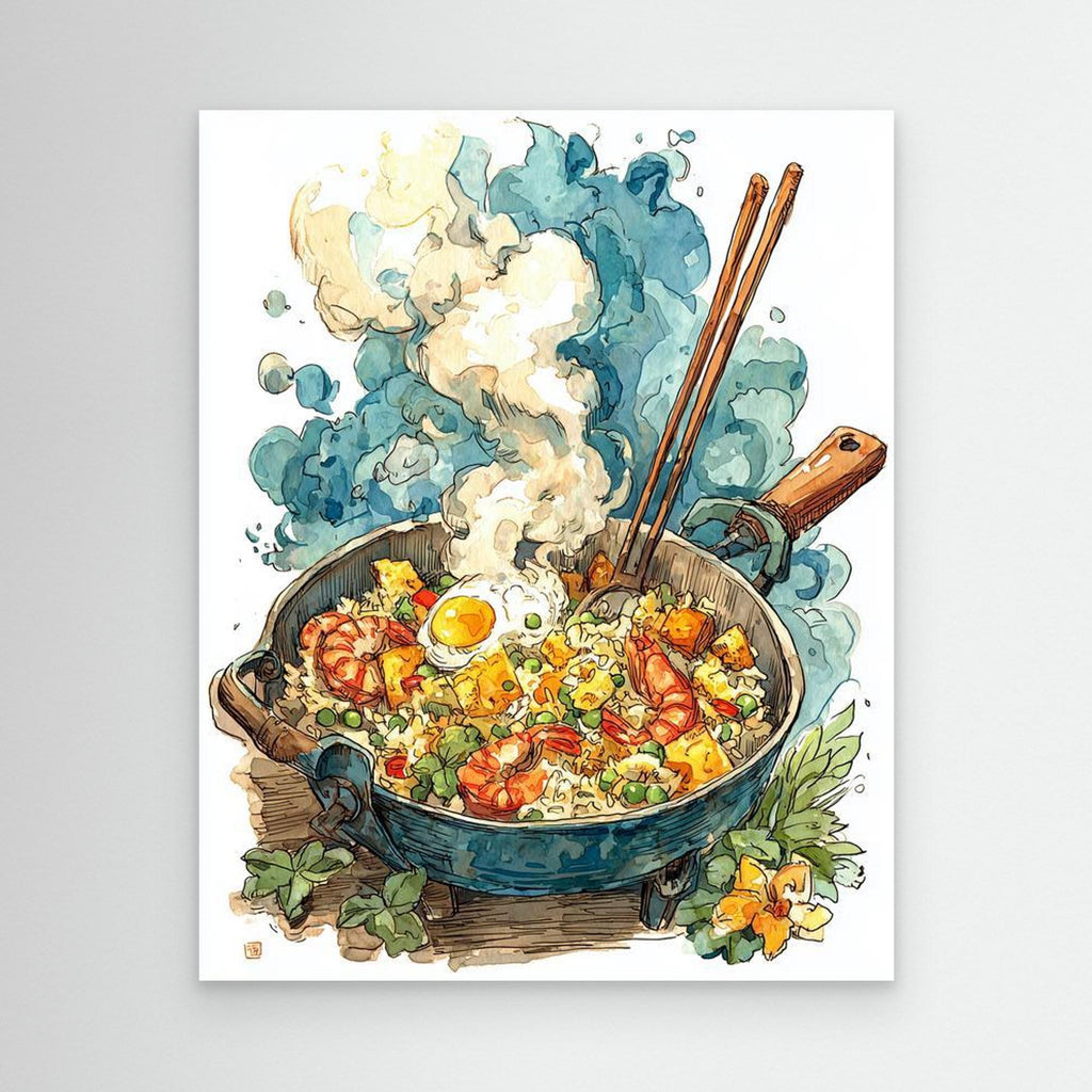 Colourful Steaming Wok Fried Rice Kitchen Canvas Wall Art - Framed Pop Art